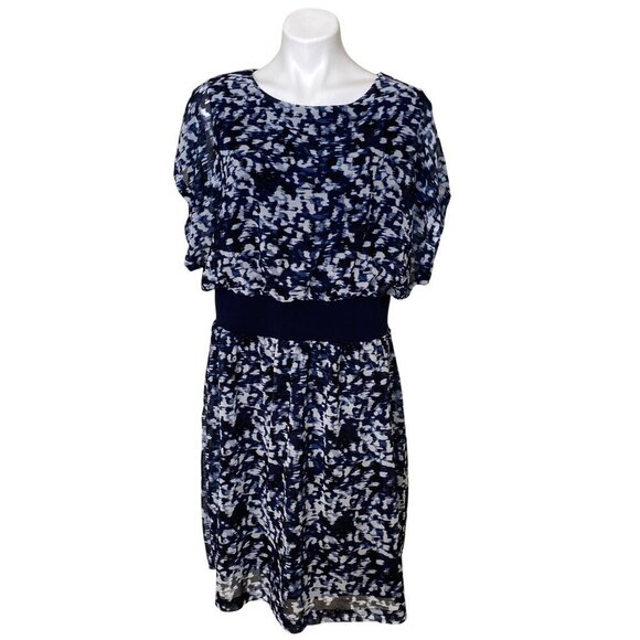 H by Halston Layered Dress, Brush Stroke Blue Sky Cap Sleeves Women's Size M - Picture 2 of 10